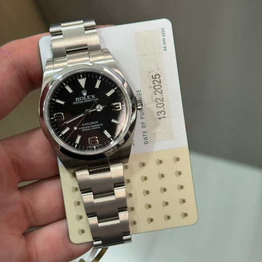 Rolex Explorer I 214270 Black Dial on Oyster Certified Pre Owned Card and Box 2025