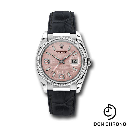 Rolex White Gold Datejust 36 Watch - 60 Diamond Bezel - Pink Wave Diamond 6 And 9 Arabic Dial - Leather - 116189 pwdal