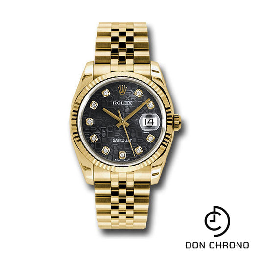 Rolex Yellow Gold Datejust 36 Watch - Fluted Bezel - Black Jubilee Diamond Dial - Jubilee Bracelet - 116238 bkjdj