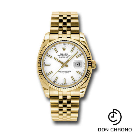 Rolex Yellow Gold Datejust 36 Watch - Fluted Bezel - White Index Dial - Jubilee Bracelet - 116238 wsj