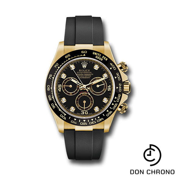 Rolex Yellow Gold Cosmograph Daytona 40 Watch - Black Diamond Dial - Black Oysterflex Strap - 116518LN bkdof