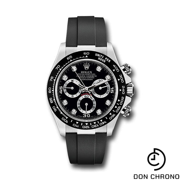 Rolex White Gold Cosmograph Daytona 40 Watch - Black Diamond Dial - Black Oysterflex Strap - 116519LN bkdof