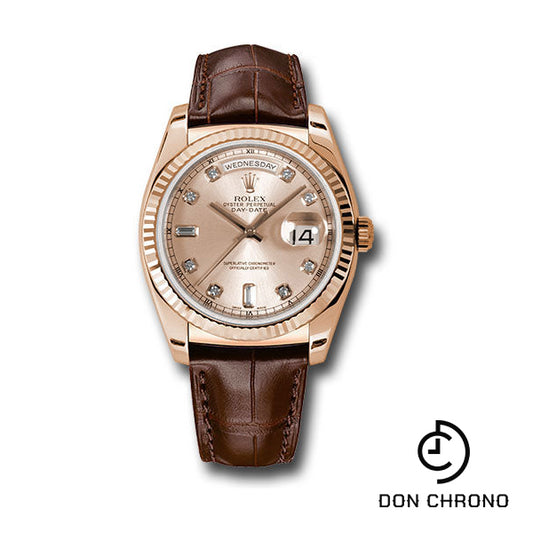Rolex Everose Gold Day-Date 36 Watch - Fluted Bezel - Pink Diamond Dial - Brown Leather - 118135 pdl