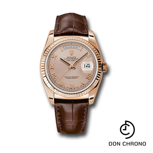 Rolex Everose Gold Day-Date 36 Watch - Fluted Bezel - Pink Roman Dial - Brown Leather - 118135 prl