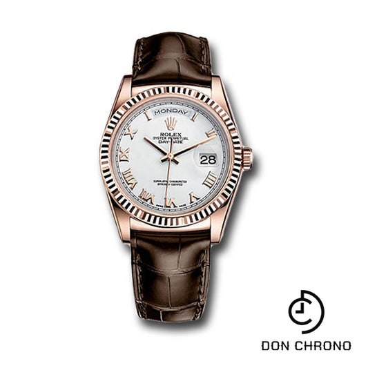Rolex Everose Gold Day-Date 36 Watch - Fluted Bezel - White Roman Dial - Brown Leather - 118135 wrbr