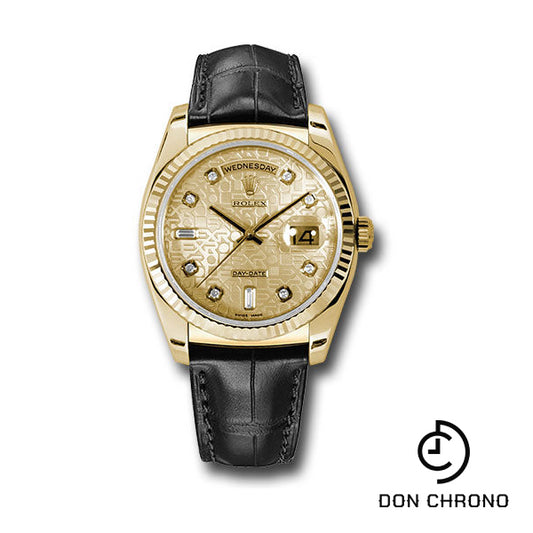 Rolex Yellow Gold Day-Date 36 Watch - Fluted Bezel - Champagne Jubilee Diamond Dial - Black Leather - 118138 chjdl