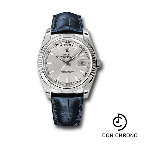 Rolex White Gold Day-Date 36 Watch - Fluted Bezel - Silver Index Dial - Blue Leather - 118139 sibl