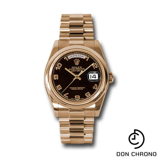 Rolex Pink Gold Day-Date 36 Watch - Domed Bezel - Black Arabic Dial - President Bracelet - 118205 bkap