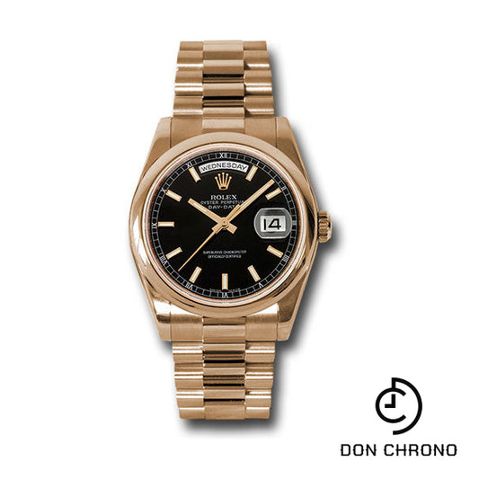 Rolex Pink Gold Day-Date 36 Watch - Domed Bezel - Black Index Dial - President Bracelet - 118205 bksp