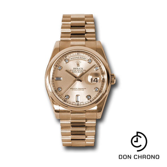 Rolex Pink Gold Day-Date 36 Watch - Domed Bezel - Pink Champagne Diamond Dial - President Bracelet - 118205 chdp