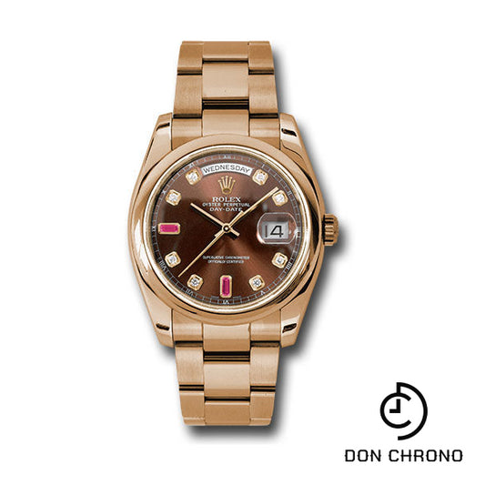 Rolex Everose Gold Day-Date 36 Watch - Domed Bezel - Chocolate Diamond And Ruby Dial - Oyster Bracelet - 118205 chodro