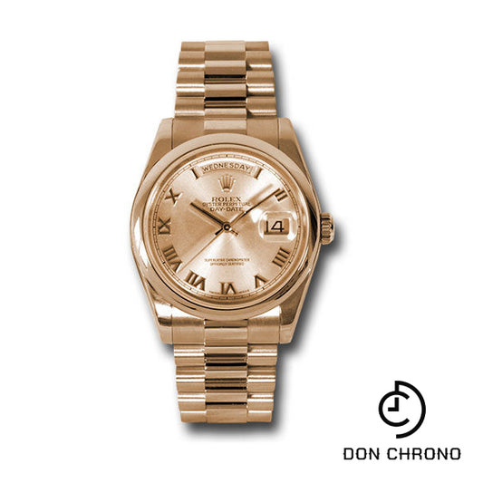 Rolex Pink Gold Day-Date 36 Watch - Domed Bezel - Pink Champagne Roman Dial - President Bracelet - 118205 chrp