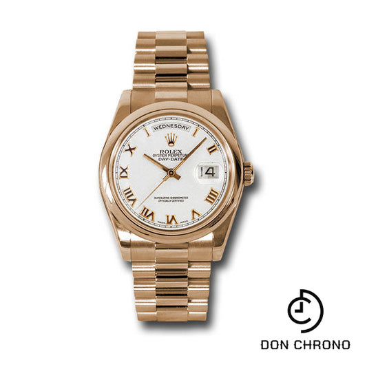 Rolex Pink Gold Day-Date 36 Watch - Domed Bezel - White Roman Dial - President Bracelet - 118205 wrp