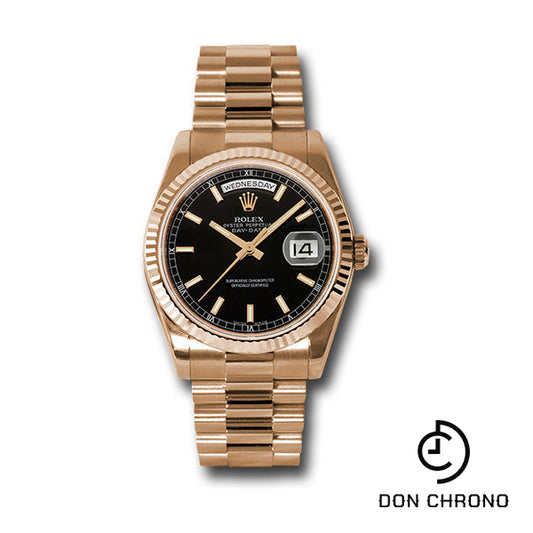 Rolex Pink Gold Day-Date 36 Watch - Fluted Bezel - Black Index Dial - President Bracelet - 118235 bksp