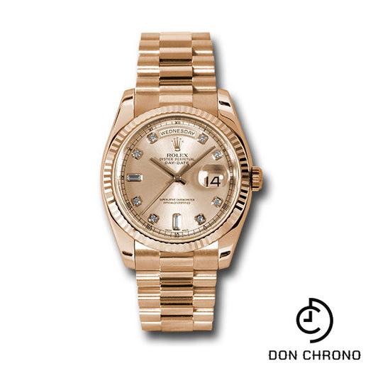 Rolex Pink Gold Day-Date 36 Watch - Fluted Bezel - Pink Champagne Diamond Dial - President Bracelet - 118235 chdp