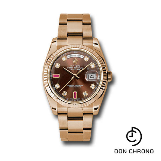 Rolex Everose Gold Day-Date 36 Watch - Fluted Bezel - Chocolate Diamond And Ruby Dial - Oyster Bracelet - 118235 chodro