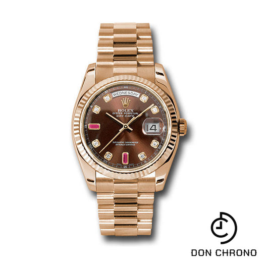 Rolex Everose Gold Day-Date 36 Watch - Fluted Bezel - Chocolate Diamond And Ruby Dial - President Bracelet - 118235 chodrp