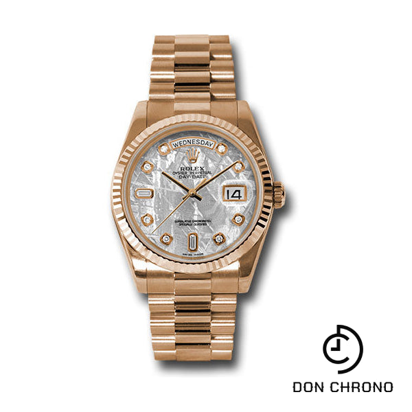 Rolex Pink Gold Day-Date 36 Watch - Fluted Bezel - Meteorite Diamond Dial - President Bracelet - 118235 mtdp