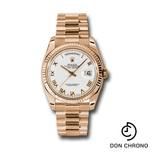 Rolex Pink Gold Day-Date 36 Watch - Fluted Bezel - White Roman Dial - President Bracelet - 118235 wrp