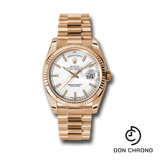 Rolex Pink Gold Day-Date 36 Watch - Fluted Bezel - White Index Dial - President Bracelet - 118235 wsp