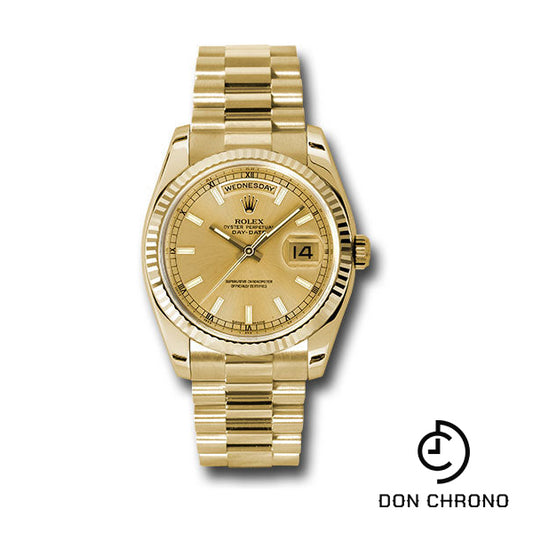 Rolex Yellow Gold Day-Date 36 Watch - Fluted Bezel - Champagne Index Dial - President Bracelet - 118238 chsp