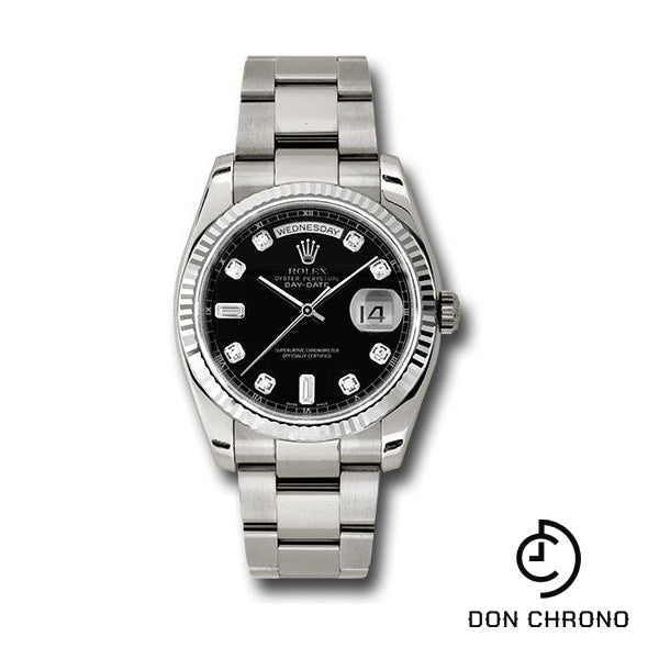 Rolex White Gold Day-Date 36 Watch - Fluted Bezel - Black Diamond Dial - Oyster Bracelet - 118239 bkdo