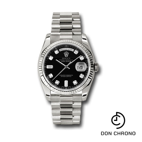 Rolex White Gold Day-Date 36 Watch - Fluted Bezel - Black Diamond Dial - President Bracelet - 118239 bkdp