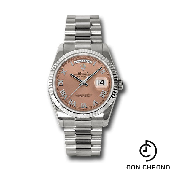 Rolex White Gold Day-Date 36 Watch - Fluted Bezel - Copper Roman Dial - President Bracelet - 118239 crp