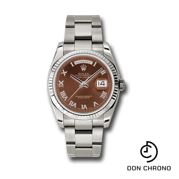 Rolex White Gold Day-Date 36 Watch - Fluted Bezel - Havana Brown Roman Dial - Oyster Bracelet - 118239 hbro