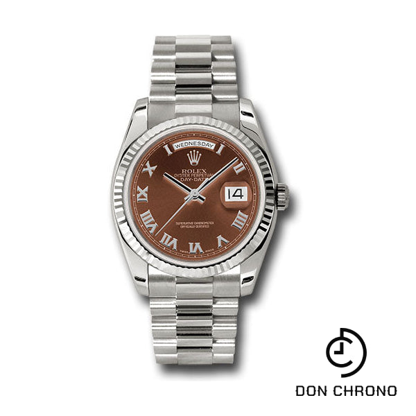 Rolex White Gold Day-Date 36 Watch - Fluted Bezel - Havana Brown Index Dial - President Bracelet - 118239 hrp