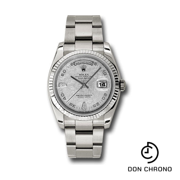 Rolex White Gold Day-Date 36 Watch - Fluted Bezel - Meteorite Diamond Dial - Oyster Bracelet - 118239 mtado