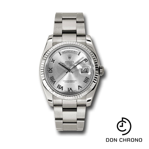 Rolex White Gold Day-Date 36 Watch - Fluted Bezel - Rhodium Roman Dial - Oyster Bracelet - 118239 rro