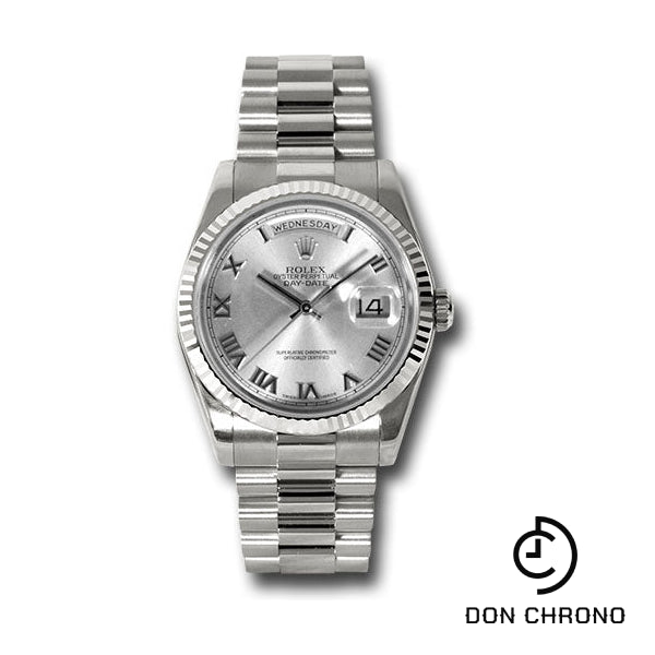 Rolex White Gold Day-Date 36 Watch - Fluted Bezel - Rhodium Roman Dial - President Bracelet - 118239 rrp