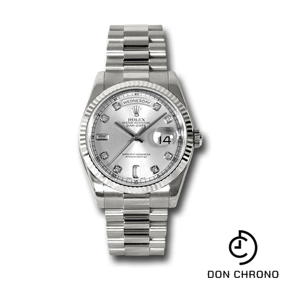 Rolex White Gold Day-Date 36 Watch - Fluted Bezel - Silver Diamond Dial - President Bracelet - 118239 sdp