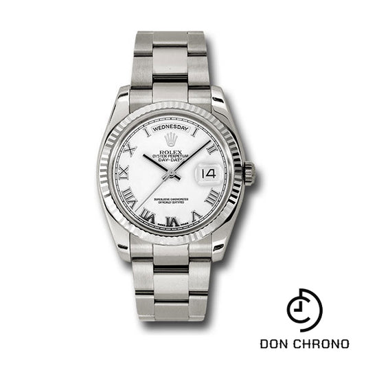 Rolex White Gold Day-Date 36 Watch - Fluted Bezel - White Roman Dial - Oyster Bracelet - 118239 wro