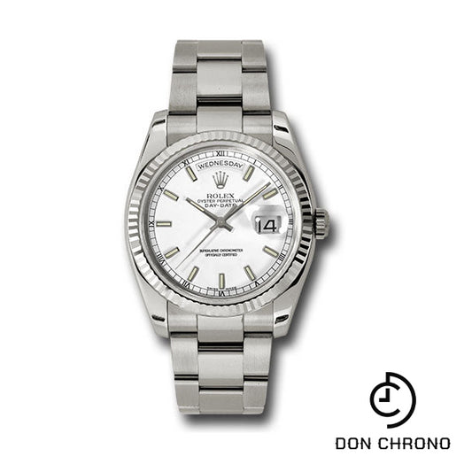 Rolex White Gold Day-Date 36 Watch - Fluted Bezel - White Index Dial - Oyster Bracelet - 118239 wso