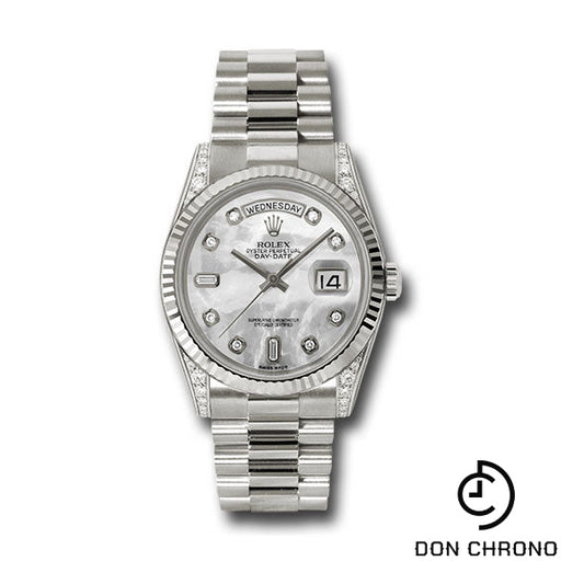 Rolex White Gold Day-Date 36 Watch - Fluted Bezel - Mother-Of-Pearl Diamond Dial - President Bracelet - 118339 mdp