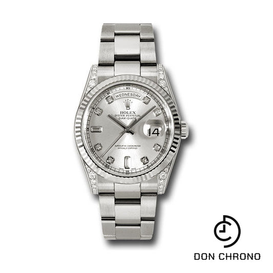 Rolex White Gold Day-Date 36 Watch - Fluted Bezel - Silver Diamond Dial - Oyster Bracelet - 118339 sdo