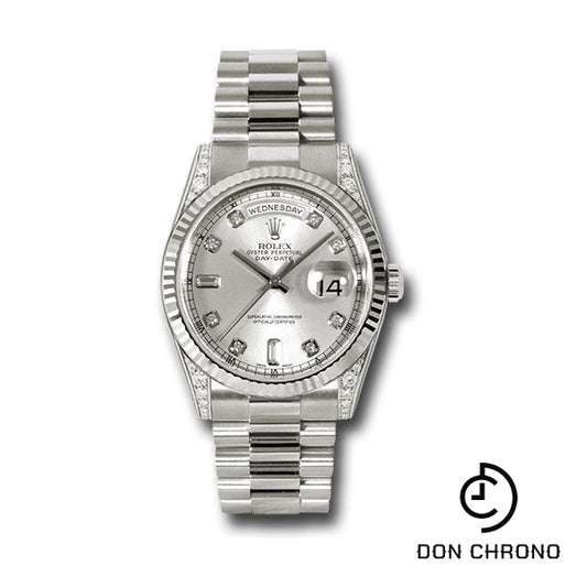 Rolex White Gold Day-Date 36 Watch - Fluted Bezel - Silver Diamond Dial - President Bracelet - 118339 sdp