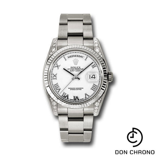 Rolex White Gold Day-Date 36 Watch - Fluted Bezel - White Roman Dial - Oyster Bracelet - 118339 wro