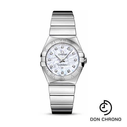 Omega Ladies Constellation Polished Quartz Watch - 27 mm Polished Steel Case - Mother-Of-Pearl Diamond Dial - Steel Bracelet - 123.10.27.60.55.002