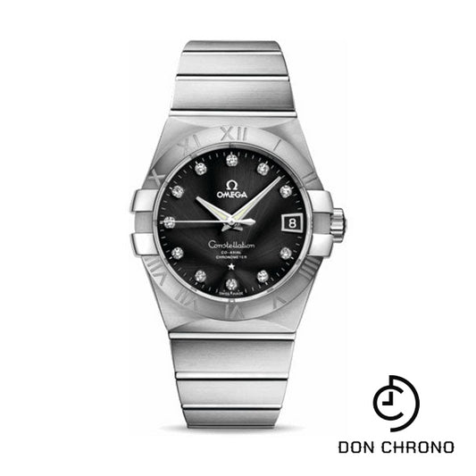 Omega Gents Constellation Chronometer Watch - 38 mm Brushed Steel Case - Black Diamond Dial - 123.10.38.21.51.001