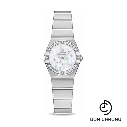 Omega Ladies Constellation Quartz Watch - 24 mm Brushed Steel Case - Diamond Bezel - Mother-Of-Pearl Dial - 123.15.24.60.05.003