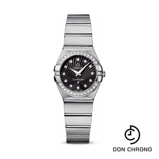 Omega Ladies Constellation Quartz Watch - 24 mm Brushed Steel Case - Diamond Bezel - Black Diamond Dial - 123.15.24.60.51.001