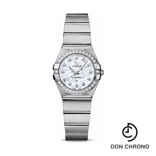 Omega Ladies Constellation Quartz Watch - 24 mm Brushed Steel Case - Diamond Bezel - Mother-Of-Pearl Diamond Dial - 123.15.24.60.55.001