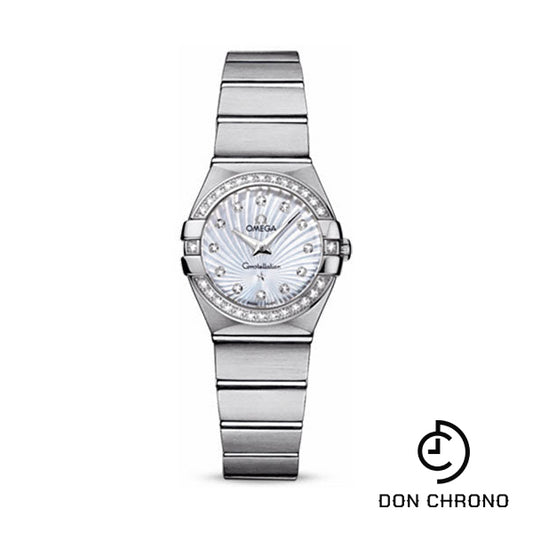 Omega Ladies Constellation Quartz Watch - 24 mm Brushed Steel Case - Diamond Bezel - Mother-Of-Pearl Diamond Dial - 123.15.24.60.55.002