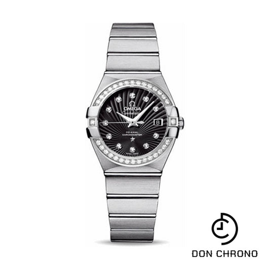 Omega Ladies Constellation Chronometer Watch - 27 mm Brushed Steel Case - Diamond Bezel - Black Supernova Diamond Dial - 123.15.27.20.51.001