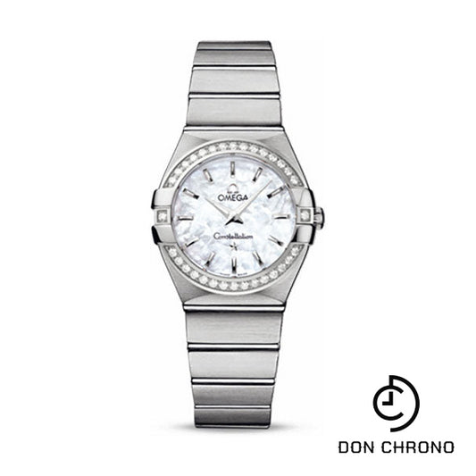 Omega Ladies Constellation Quartz Watch - 27 mm Brushed Steel Case - Diamond Bezel - Mother-Of-Pearl Dial - 123.15.27.60.05.001