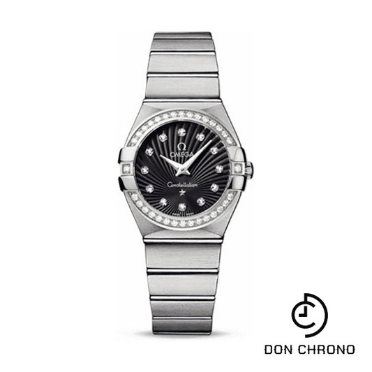 Omega Ladies Constellation Quartz Watch - 27 mm Brushed Steel Case - Diamond Bezel - Black Diamond Dial - 123.15.27.60.51.001