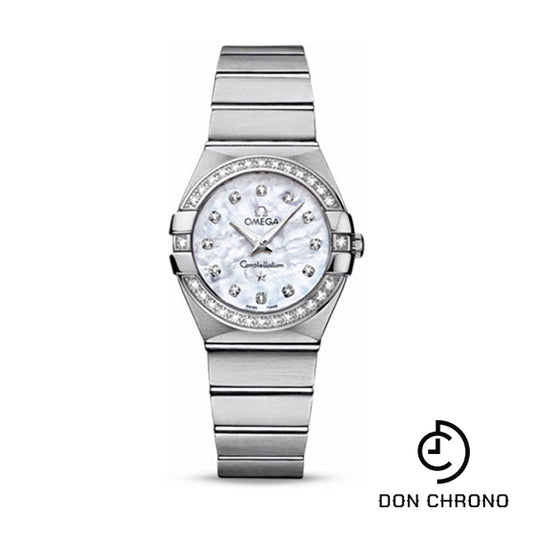 Omega Ladies Constellation Quartz Watch - 27 mm Brushed Steel Case - Diamond Bezel - Mother-Of-Pearl Diamond Dial - 123.15.27.60.55.001